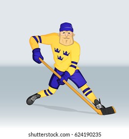 ice hockey team sweden player attacking drawn in cartoon style