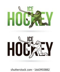 Ice Hockey text with ice hockey player action cartoon sport graphic vector