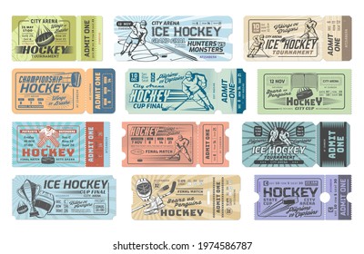 Ice hockey tournament admit one tickets set. Vector hockey player skating on rink with stick and puck, goalkeeper mask and goal, skates, match winners cup. Ice hockey championship game entrance pass