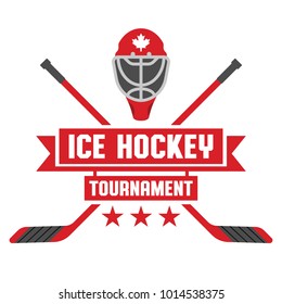 An Ice Hockey Tournament Crest In Vector Format Featuring A Pair Of Crossed Sticks And A Goalie Helmet.