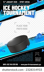 Ice hockey tournament poster template with puck and place for your photo - vector illustration