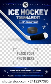 Ice hockey tournament poster template with stick, puck and place for your photo - vector illustration