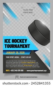 Ice hockey tournament poster template with puck and place for your photo - vector illustration