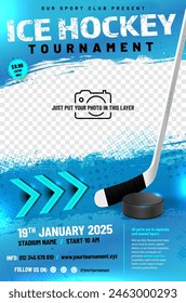 Ice hockey tournament poster template with puck, stick, arrows and place for your photo - vector illustration