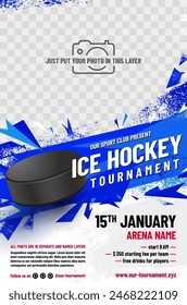 Ice hockey tournament poster template with puck and place for your photo - vector illustration