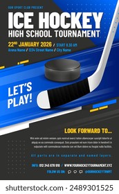 Ice hockey tournament poster template with puck and stick - sample text in separate layer. Vector illustration.