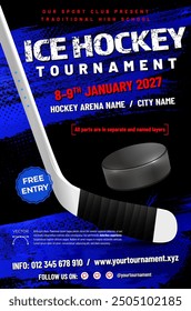 Ice hockey tournament poster template with stick, puck and grungy dirty background - vector illustration