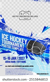 Eishockey Turnier Poster Vorlage mit Hockey Puck im Tornetz, Ort für Ihr Foto und Text - Vektorgrafik