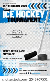 Eishockey Turnier Poster Vorlage mit Puck, Stick, Pfeilen, grungy und Halbton Elemente und Platz für Ihr Foto - Vektorgrafik