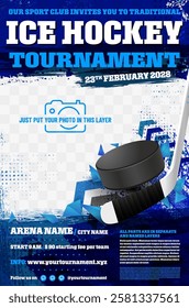 Ice hockey tournament poster template with puck and stick, grungy elements and place for your photo - vector illustration