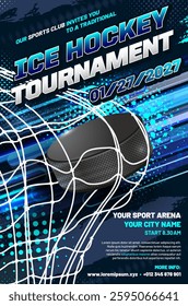 Ice hockey tournament poster template with puck and goal net - sample text in separate layer. Vector illustration.