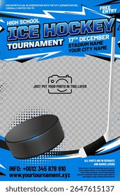 Ice hockey tournament poster template with puck, stick, grungy and halftone elements and place for your photo - vector illustration