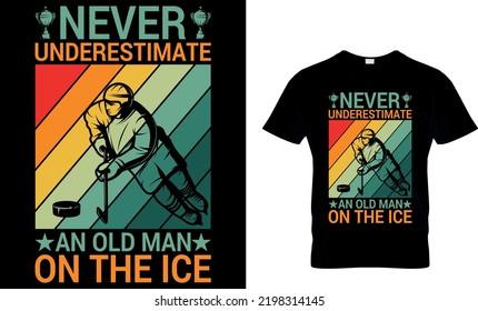 Vector de diseño de camisetas de hockey sobre hielo Gráfico. Diseño de camisetas, vector de diseño de camisetas, moda, vestimenta, hockey sobre hielo, retro, juego, vídeo impreso sobre fondo negro.