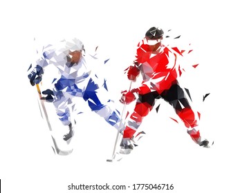 Ice hockey  Two hockey players skating  Isolated low polygonal vector illustration  Front view