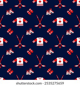 Ice hockey vector background. Canada hockey stick and puck seamless pattern in a Canadian flag traditional colors and maple leaf symbols. Winter outdoors repeated print for sporting design, wallpaper.