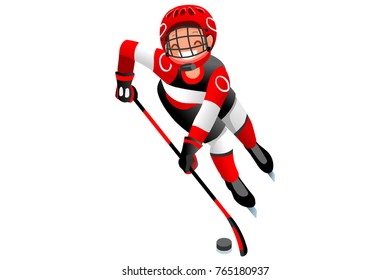 Ice hockey vector cartoon clipart. Winter sports background with hockey athlete playing winter games competition. 3D flat Isolated isometric people illustration.