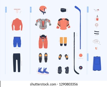 Ice hockey vector colorful collection with male hockey equipment such as under armour clothes, armour, helmet, accesorries, stick, puck and so on. Flat trendy cliparts. Isolated cartoon  illustrations