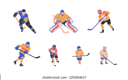 Ice hockey vector colorful collection with young and adult male players. Flat trendy cliparts. Isolated cartoon  illustrations