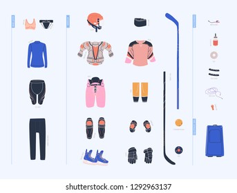 Ice hockey vector colorful collection with female hockey equipment such as under armour clothes, armour, helmet, accesorries, stick, puck and so on