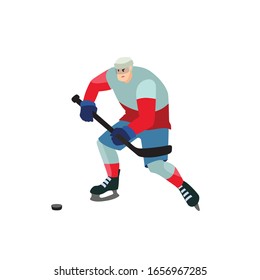 Ice hockey vector colorful hand drawn illustration. Young man preparing to hit the puck with a stick. Isolated cartoon character.