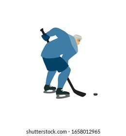 Ice hockey vector colorful hand drawn illustration. Young man preparing to hit the puck with a stick. Isolated cartoon character.