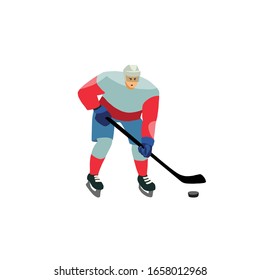 Ice hockey vector colorful hand drawn illustration. Young man preparing to hit the puck with a stick. Isolated cartoon character.