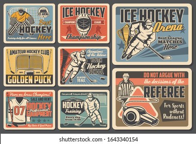 Ice hockey vector design of players, sport sticks, pucks and championship trophy cups, team uniform, skates, goalie helmets and masks, gloves, referee whistle and goal gates. Ice hockey retro posters