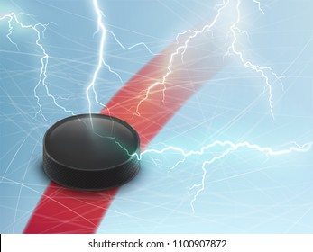 Ice hockey vector horizontal banner with black puck on blue ice and electrical lightnings. Winter team game on skating rink. Template for sport tournament announcements with space for main information