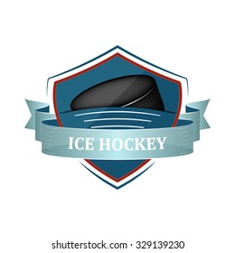 Ice hockey vector icon or label with blue ribbon and puck.