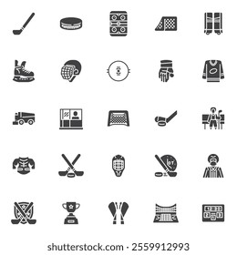 Ice hockey vector icons set, modern solid symbol collection, filled style pictogram pack. Signs, logo illustration. Set includes icons as hockey stick and puck, goalie pads, ice skates, penalty box