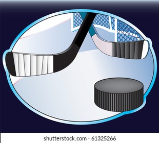 Ice hockey vector illustration with sticks, puck and goal.