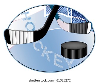 Ice hockey vector illustration with sticks, puck and goal.