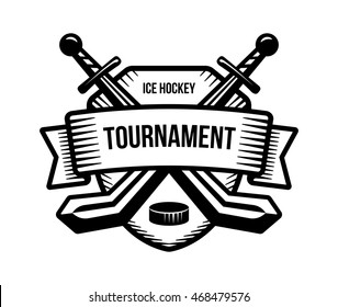 Ice hockey vector logo. Winter team sport tournament. Knight, pirate, buccaneer, warrior sword mascot. Black and white badge, shirt design.
