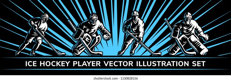 Ice hockey vector player illustration collections on a black background