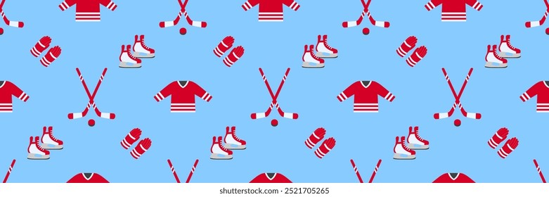 Ice hockey vector repeat backdrop. Winter outdoors seamless pattern. Men's ice hockey equipment template texture with puck, stick, skates isolated icons. Red and blue color. Sport texture for textile