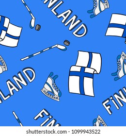 Ice hockey vector seamless pattern. Finland flag, stick, puck and skate on a blue background. Winter sport and activity