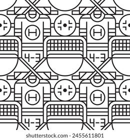 Patrón geométrico cuadrado de contorno negro sin costuras de Vector de hockey sobre hielo con Elementos de hockey.
