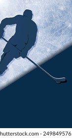 Ice hockey vertical banner with moving player silhouette and realistic rink on dark blue background. Copy space. Vector picture for professional competition illustration, sport design, printing.