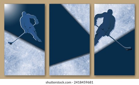 Eishockey-Vertikalbanner mit Spieler-Silhouette und realistischer Rinde auf dunkelblau. Vektorhintergrund für soziale Medien, Kopienraum. Weltmeisterschaft-Werbevorlage, Sportdesign, Druck.