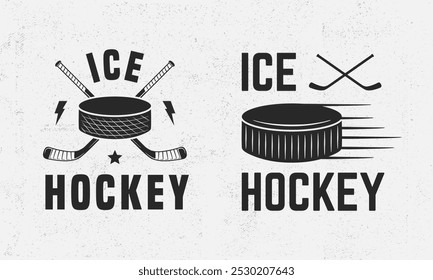 Conjunto de emblemas vintage de hockey sobre hielo. Cartel vintage de moda con cués y disco de hockey sobre hielo. Textura grunge. Ilustración vectorial