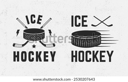 Ice Hockey vintage emblems set. Trendy vintage poster with ice hockey cues and puck. Grunge texture. Vector illustration