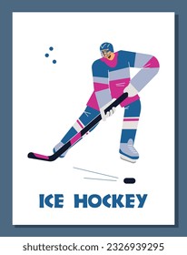 Ice hockey winter match competition advertising banner design  cartoon flat vector illustration white background  Banner card mockup and hockey player 