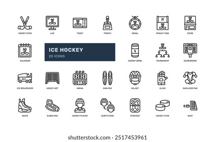 Conjunto de iconos de línea de contorno detallado de torneo de equipo de deporte de invierno de hockey sobre hielo