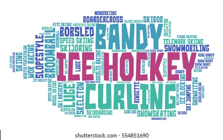 Ice hockey. Word cloud, colored font, white background. Winter sport.