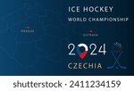 Ice hockey world championship 2024 in Czechia horizontal banner with numbers, title, Czech map with location mark on Prague and Ostrava on dark blue background. Vector concept of minimalist design.