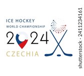 Ice hockey world championship 2024 in Czechia, clipart with numbers, text and sign of hockey sticks and puck isolated on white. Vector template of czech flag colors for sport events design.