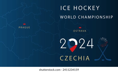 Campeonato Mundial de Hockey sobre Hielo 2024 en Banner horizontal checo con números, título, mapa checo con marca de ubicación en Praga y Ostrava sobre fondo azul oscuro. Concepto vectorial de diseño minimalista.