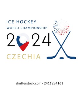 Campeonato Mundial de Hockey sobre Hielo 2024 en Checia, con números, texto y signo de palos de hockey y patines aislados en blanco. Plantilla vectorial de colores de bandera checa para el diseño de eventos deportivos.