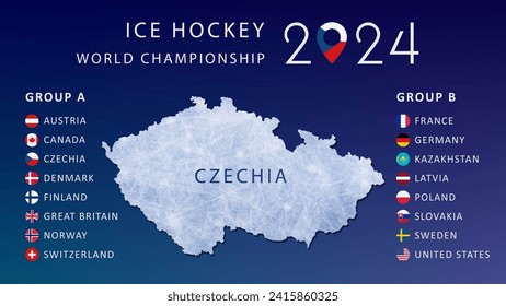 Campeonato mundial de hockey sobre hielo 2024 en una bandera horizontal checa con título, mapa checo y equipos listan sobre fondo azul oscuro. Iconos en colores de la bandera de los países participantes. Diseño de vectores.