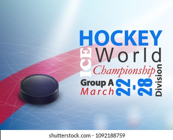 Ice hockey world championship vector horizontal banner. Winter team game on skating rink with black rubber puck and stick. Poster for advertisement of tournament, flyer for sport event announcement